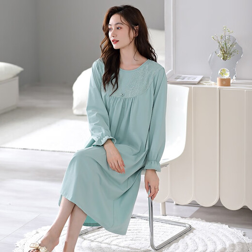 Camisco de beso de clolvas con almohadilla de cofre para mujeres en primavera y otoño Nuevo algodón puro de algodón de algodón largo pijamas Las mujeres pueden usar ropa casera afuera en otoño 673 ola verde (con almohadilla de cofre) l [160-165C100-125Jin [Jin equivale a 0.5 kg]]