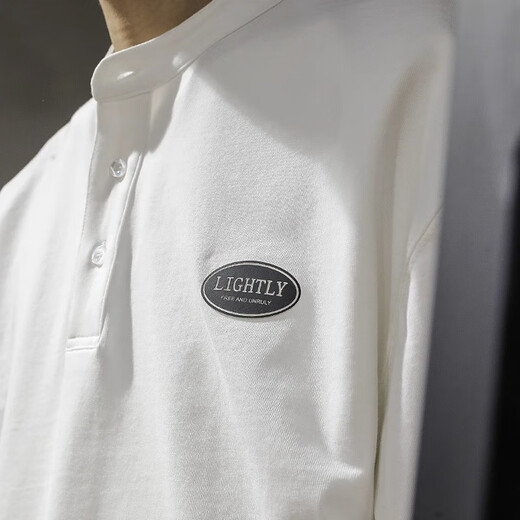 Jeanswest Autumn heavyweight pure cotton Henley collar long-sleeved T-shirt men's spring and autumn sweatshirt American bottoming men's polo shirt top trendy white plus velvet L suitable for 130-145Jin Jin equals 0.5 kg