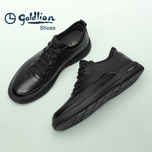 
Goldlion men's shoes men's punching sandals breathable comfortable wear-resistant casual leather shoes G506230114AAD black size 42