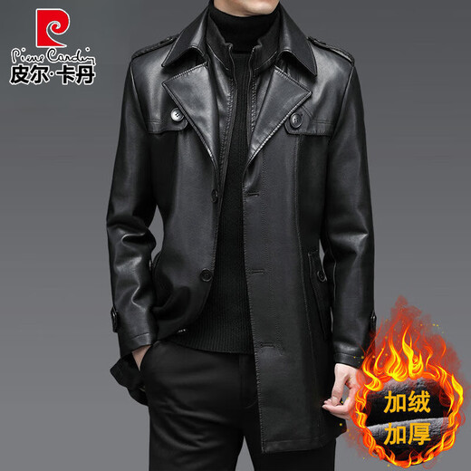 Pierre Cardin Light Luxury Winter Leather Coat Men's Mid-Length Velvet Thickened Leather Coat Middle-aged Dad's Leather Windbreaker Men's Outerwear Black L 175