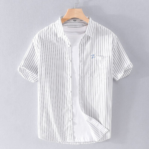 
GLOY/ZENITH summer cotton shirt men short-sleeved striped youth casual fashion versatile shirt men fresh literary men's top 9740 black L (110-125 Jin [Jin equals 0.5 kg])
