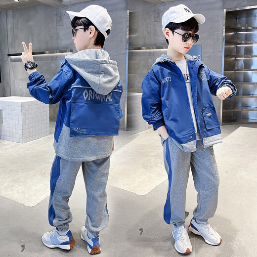 Mipaika cute children's clothing boys suit spring and autumn 2022 new Korean style children's suit big children's cardigan jacket jacket pants two-piece set handsome boy 3-15 years old blue 140 size recommended height about 1.3 meters