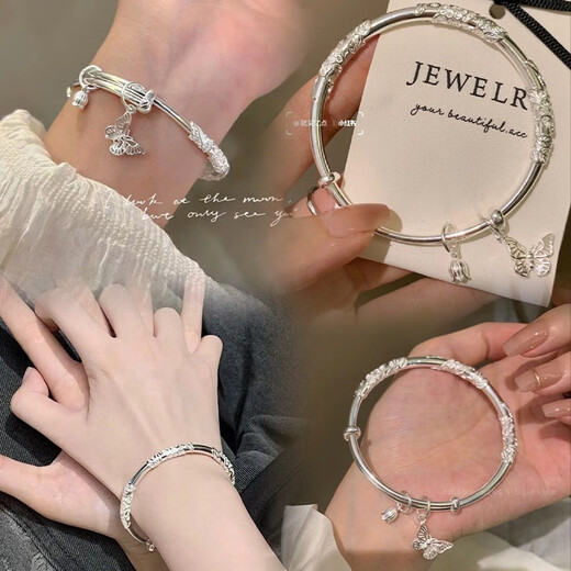 Shixi Flowers sterling silver bracelet for women s999 pure silver bracelet solid bracelet for girlfriend Chinese Valentine's Day birthday gift 30g blooming flowers + butterfly stamens