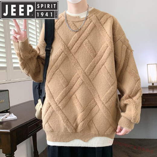 JEEP SPIRIT假两件圆领毛衣男秋冬季菱格提花针织衫青年加厚保暖打底毛线衣 9227卡其 L 约105-125斤可穿