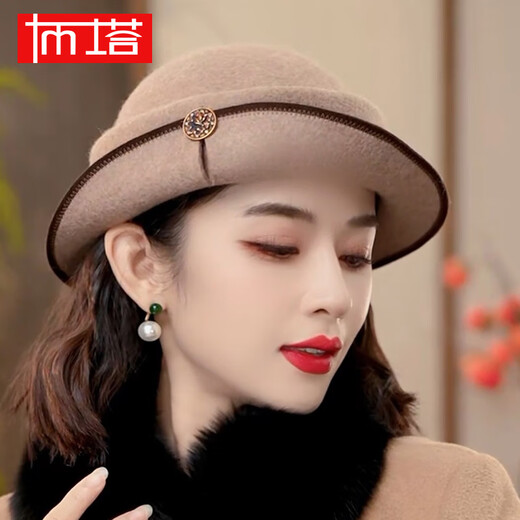 布塔帽子女秋冬季英伦风礼帽保暖羊毛呢毡礼帽百搭时尚复古 混驼