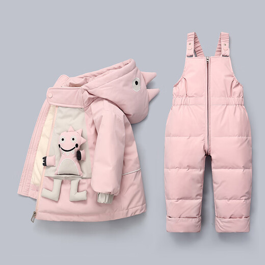 Baby down jacket 8 months old 1-3 years old boys and girls winter thickened short baby two-piece suit children's hood 8807 coffee top + overalls 80 (size is too large, recommended height 75-85cm)