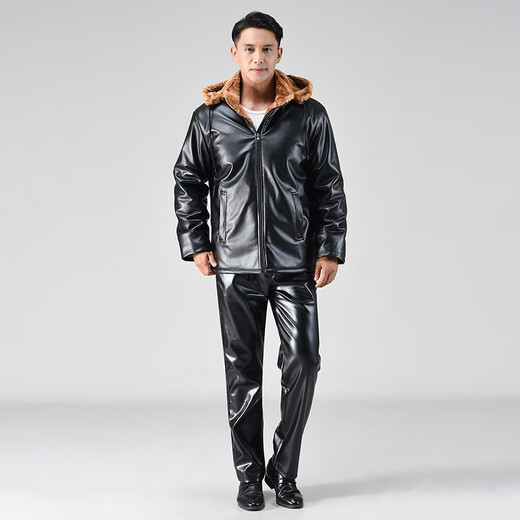 Liyang Men's Leather Jacket and Leather Pants Suit Plus Velvet Thick Coat Takeaway Rider Driving Windproof Warm and Cold Resistance Workwear Leather Cotton Jacket Velvet Anti-Theft Leather Jacket and Leather Pants Suit 4XL 160-170Jin Jin is equal to 0.5 kg