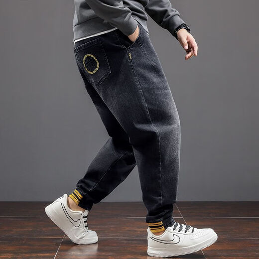 Fei Shimi Autumn New Fashion Brand Elastic Small Foot Jeans Fat Loose and All-Match Pants Elastic Waist Fat Pants 300 Jin [Jin equals 0.5 kg] Black 9901 XL 1 (130-150 Jin [Jin equals 0.5 kg])