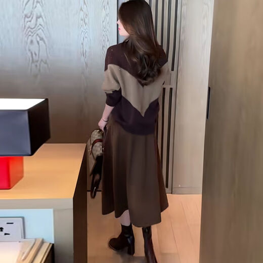 Ai Manjie Dress Women's Fashion Sweater Suit Women's Two-piece Set Autumn and Winter New Loose Age-reducing Fashionable Western Women's Clothing Brown Top + Skirt L Recommendation (105-115Jin Jin equals 0.5 kg)