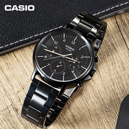 Casio (CASIO) watch business Black Warrior three-eye six-pin steel band fashion waterproof examination watch men's watch gift for boyfriend MTP-E321B-1AVDF