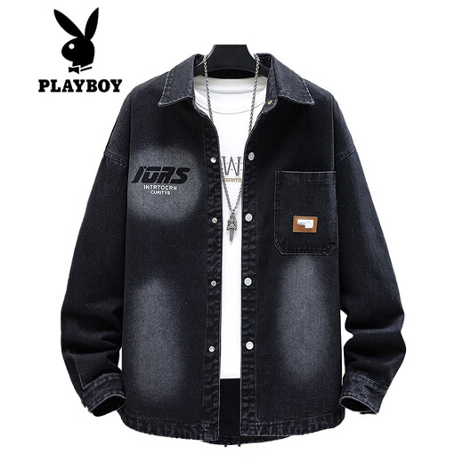 Playboy (PLAYBOY) denim jacket boy spring and autumn new style junior high school and high school teenagers men's handsome college jacket shirt top 9209 [top] black quality assurance L (105-125Jin [Jin equals about 0.5 kg])