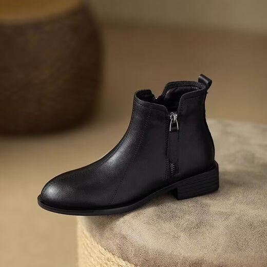 Woodpecker brand code break processing 2025 new British short pointed toe Martin boots side zipper short boots for women Chell black single 35
