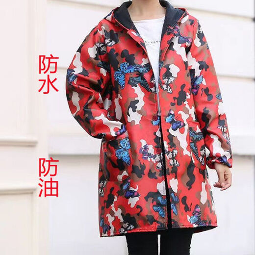 Guiren Xiong velvet thickened smock, warm coat, men's and women's work clothes, waterproof and oil-proof camouflage long coat, kitchen long-sleeved labor insurance suit, blue floral (with hood), medium size (120-170)