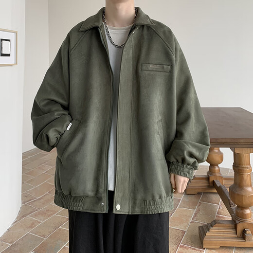 OEMG suede jacket men's spring, autumn and summer American retro handsome trendy brand youth loose lapel couple jacket apricot XL recommended 135-150Jin Jin equals 0.5 kg