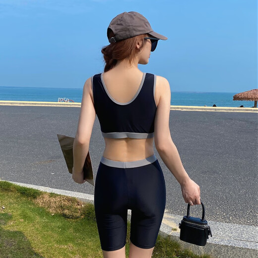 Ann and Luo Shiqi sports large size swimsuit women's long-sleeved blouse split three-piece set loose fat mm covering the flesh and slimming hot spring 200Jin [Jin equals 0.5kg] gray 2XL (130-145Jin [Jin equals 0.5kg])