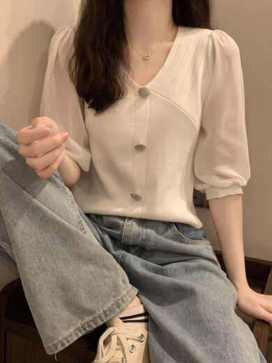 依慕琪2025夏新款冰丝雪纺拼接V领短袖针织衫淑女薄款打底衫短款上衣MCL 3523黑色 均码 (70-125斤可穿)