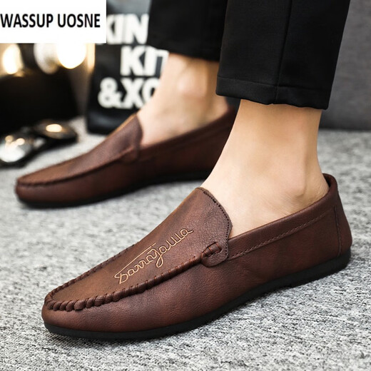 
WASSUP UOSNE 2024 new autumn men's shoes, beans shoes, men's trendy British business casual leather shoes, Korean fashion lazy shoes, YL-D838 black + odorproof insole 40