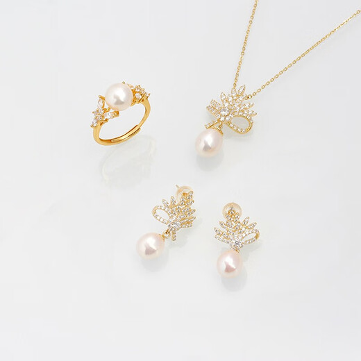 OLIVEIRA Freshwater Pearl Pendant Ring Earrings Christmas Tree Three-piece Set 1238 S925 Silver Gold Plated