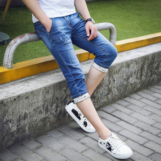 Shuosui men's jeans men's cropped pants summer thin slim youth mid-trousers 7-point pants summer slim shorts 749 blue 34 size waist 2 feet 7