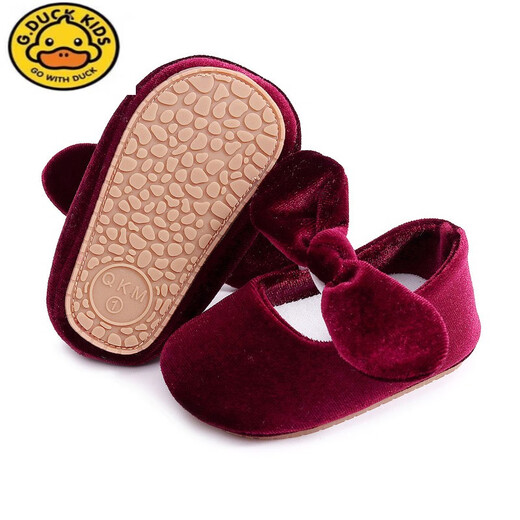 G.duck baby shoes princess shoes for baby girls one year old spring and autumn 3-6-9-12 months soft-soled toddler non-slip 8 anti-fall shoes velvet burgundy size 15.5 inner length 12cm