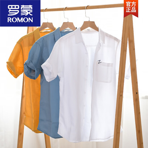
ROMON Japanese casual men's linen short-sleeved shirts trendy linen clothes men's summer cotton linen shirts summer thin YY9711 light blue linen L
