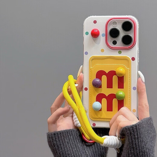 
Quansu cute three-dimensional M bean color polka dot card bag suitable for iPhone15 mobile phone case Apple 14promax new 13/12 soft shell women's wristband lanyard anti-fall mobile phone case [Colorful polka dot + three-dimensional M bean + wristband] iPhone15Promax