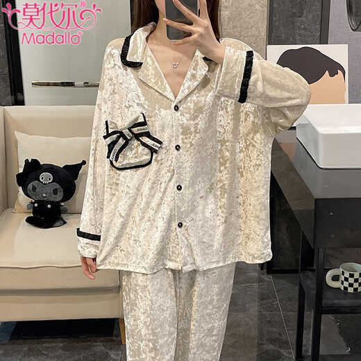 Modal 2025 New Gold Velvet Pyjamas für Frauen im Herbst und Winter, langärmelter koreanischer High-End-Aprikosen-Herbst- und Winter-Heimbekleidungsset CM-728#Champagner Panda (doppelte Länge) xl