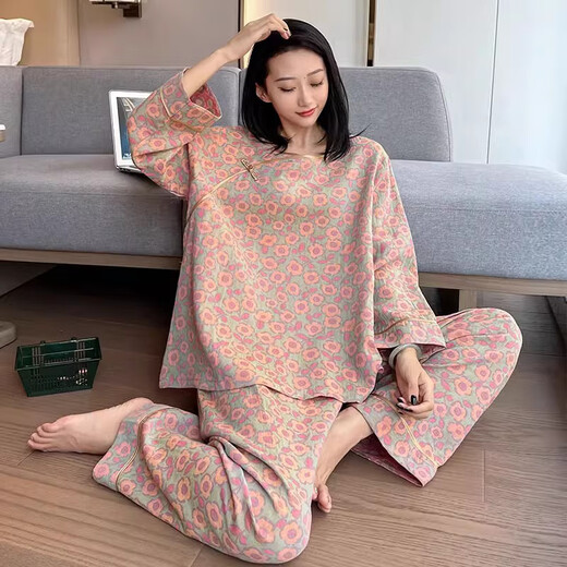 乔雨萌胖mm睡衣女春秋大码棉复古中国风碎花棉纱家居服加肥加大200斤 16802 4XL  130-180斤