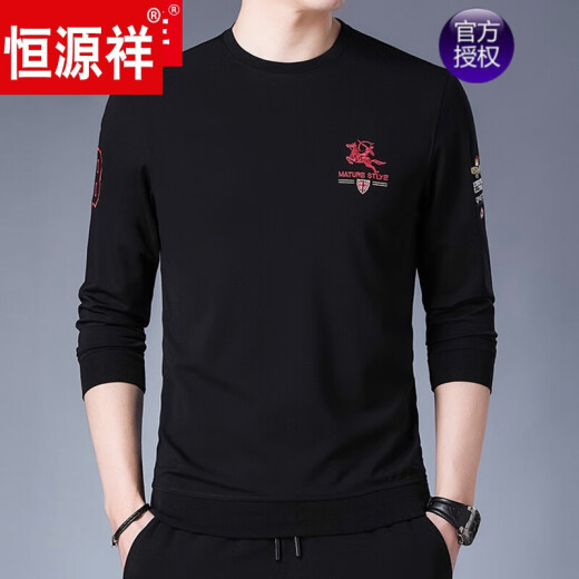 恒源祥男装 春秋款中年薄款男士长袖t恤春装卫衣秋衣上衣打底小衫 9902黑色【春秋款】 2XL 180