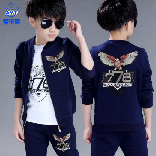 2022 Autumn Boys New Baby Clothes Korean Style Sports Handsome Internet Celebrity Sweatshirts Fashionable Brand Children's Clothes Three-piece Children's Suit Big Children's Jacket Fashionable Boys 3-12 Years Old Wings Navy Blue Three-piece Suit [Top + T-shirt + Pants] 140