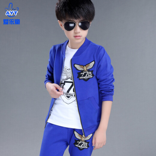 2022 Autumn Boys New Baby Clothes Korean Style Sports Handsome Internet Celebrity Sweatshirts Fashionable Brand Children's Clothes Three-piece Children's Suit Big Children's Jacket Fashionable Boys 3-12 Years Old Wings Navy Blue Three-piece Suit [Top + T-shirt + Pants] 140