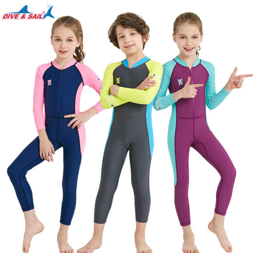 DIVE/SAIL one-piece children's swimsuit, girl's wetsuit, outdoor long-sleeved trousers, sun protection, quick-drying, boy's beach snorkeling swimsuit, women's dark blue XL (recommended 125-135, weight 46-60Jin [Jin equals 0.5 kg])