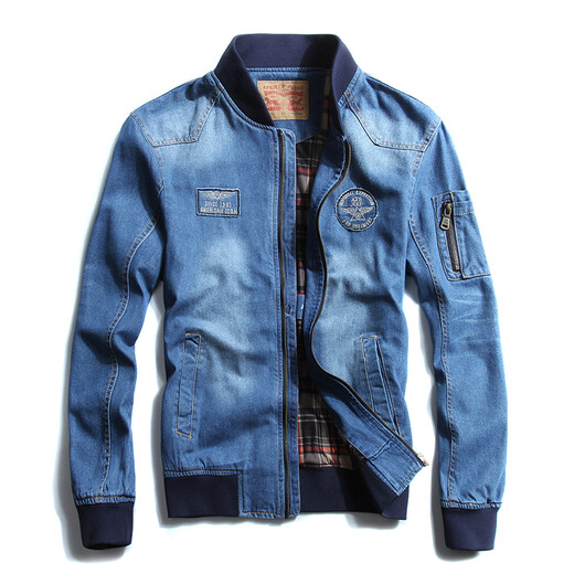 MOK Bull Denim Jacke junge Männer Pilotjacke Baseball Uniform Halsumn -Autumn -Jacke 687 Hellblau S Hegen 105 Jin [Jin gleich 0,5 kg]]