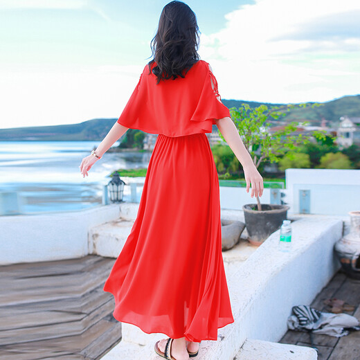Xizi's beautiful mood summer women's clothing, slim chiffon dress, bohemian long skirt, Bali beach vacation beach skirt picture color AQ17A689 S