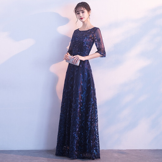 Maxbeth banquet evening dress fashion spring noble and elegant princess long annual party banquet performance slim dress skirt for women navy blue zipper style S