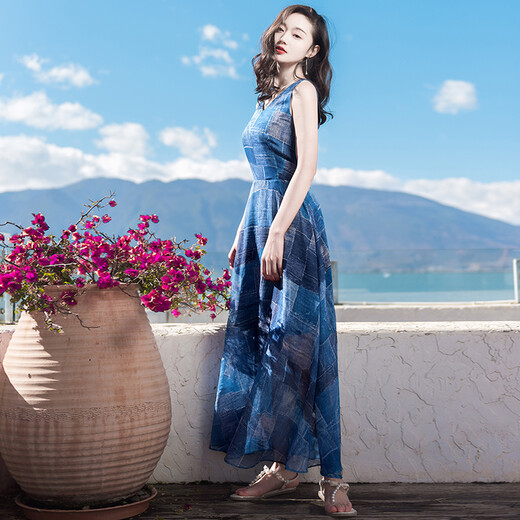 西子美丽心情夏装新款女系带V领无袖雪纺连衣裙长裙波西米亚沙滩裙海边度假 图片色XZ18D838 M
