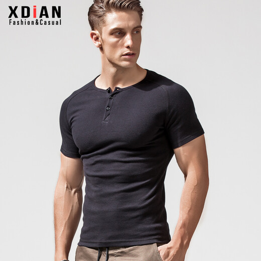 Erneuerung kurzärmeligte T-Shirt für Männer, enge Henry-Kragen reines Baumwollkragen schwarzes T-Shirt für Männer, Slim Sport Top Base Shirt, Schwarz L.