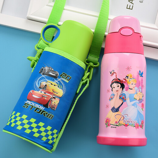 品家家品（PINKAH）儿童保温杯带吸管双盖两用小学生316不锈钢带杯套防漏幼儿园水杯 3524蓝色汽车 520ml 双盖带杯套