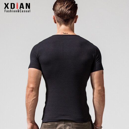 Erneuerung kurzärmeligte T-Shirt für Männer, enge Henry-Kragen reines Baumwollkragen schwarzes T-Shirt für Männer, Slim Sport Top Base Shirt, Schwarz L.