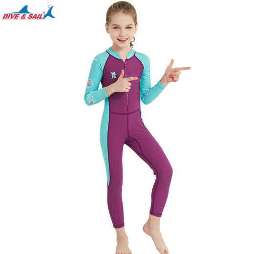 DIVE/SAIL one-piece children's swimsuit, girl's wetsuit, outdoor long-sleeved trousers, sun protection, quick-drying, boy's beach snorkeling swimsuit, women's dark blue XL (recommended 125-135, weight 46-60Jin [Jin equals 0.5 kg])