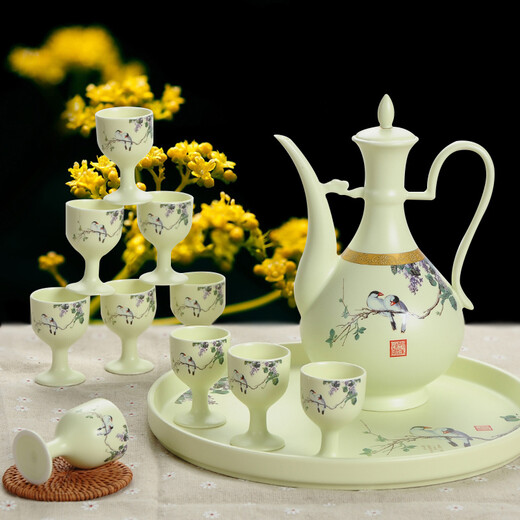 Xihe Yinyao Xihetang made antique Jingdezhen ceramic liquor wine set customized set special price household wine pot and wine glass set gift 9 pieces lilac wine set 8 cups 1 pot