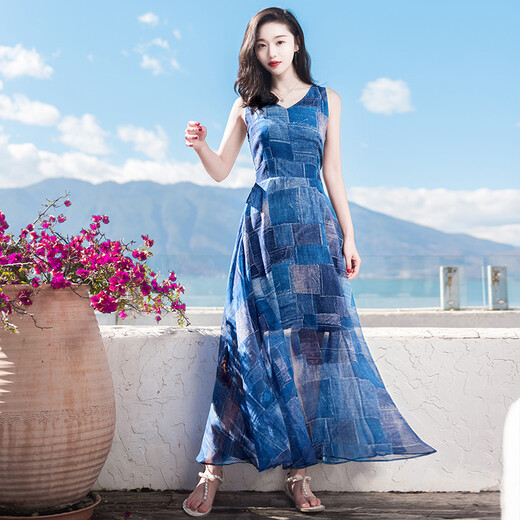 西子美丽心情夏装新款女系带V领无袖雪纺连衣裙长裙波西米亚沙滩裙海边度假 图片色XZ18D838 M