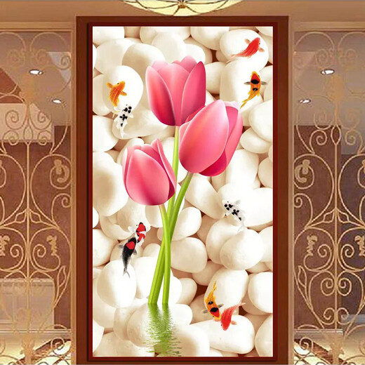 
KS cross-stitch living room new style gold jade hall tulip nine fish 48 color full embroidery entrance large embroidery 9896 four-strand cotton 63X118CM large grid customization fresh printing customization without return