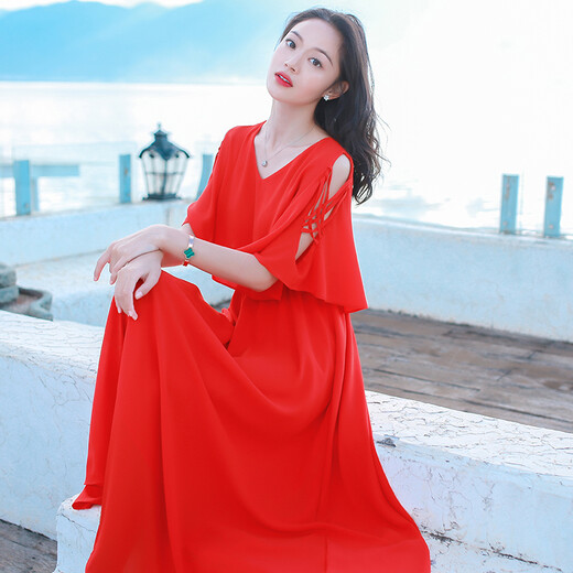 Xizi's beautiful mood summer women's clothing, slim chiffon dress, bohemian long skirt, Bali beach vacation beach skirt picture color AQ17A689 S