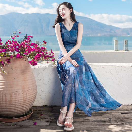 西子美丽心情夏装新款女系带V领无袖雪纺连衣裙长裙波西米亚沙滩裙海边度假 图片色XZ18D838 M