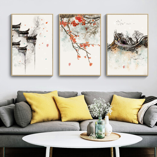 Qianchen Chinese style living room decorative painting new Chinese style sofa background wall triptych hanging painting simple modern ancient style wall painting 02 good luck (three pieces) 40*60PS log color frame + fabric painting