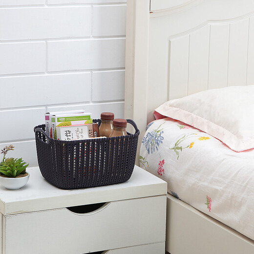 Imitation rattan desktop storage basket plastic woven storage basket kitchen snack storage box bathroom bath basket storage basket beige small size 23.8*16.2*13.7cm