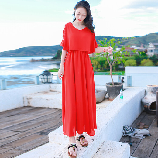 Xizi's beautiful mood summer women's clothing, slim chiffon dress, bohemian long skirt, Bali beach vacation beach skirt picture color AQ17A689 S