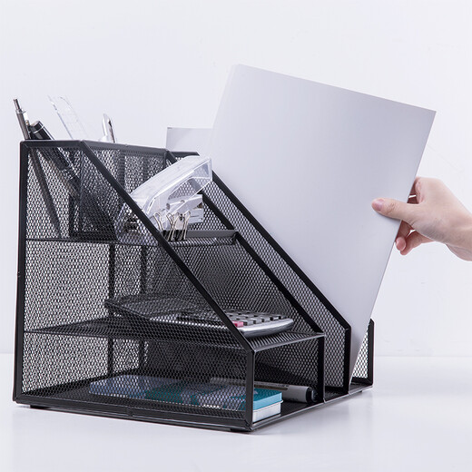 Deli multifunctional metal mesh combined file frame bookend office desktop file storage box multi-layer data shelf storage rack with pen holder black