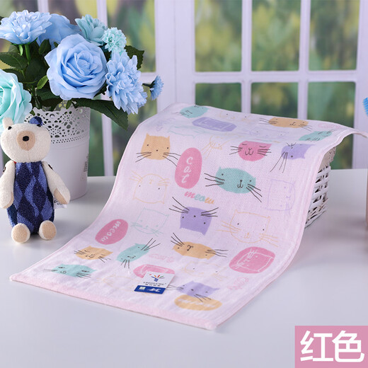 Gold number pure cotton home textile household women's and children's face wash towel Cartoon kitten children's face towel kindergarten children's towel Wu Nian double-layer gauze soft and water-absorbent 52*28CM red